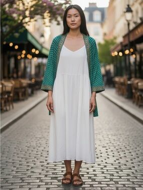 Soft Surroundings Teal and Gold Patterned Kimono 1X